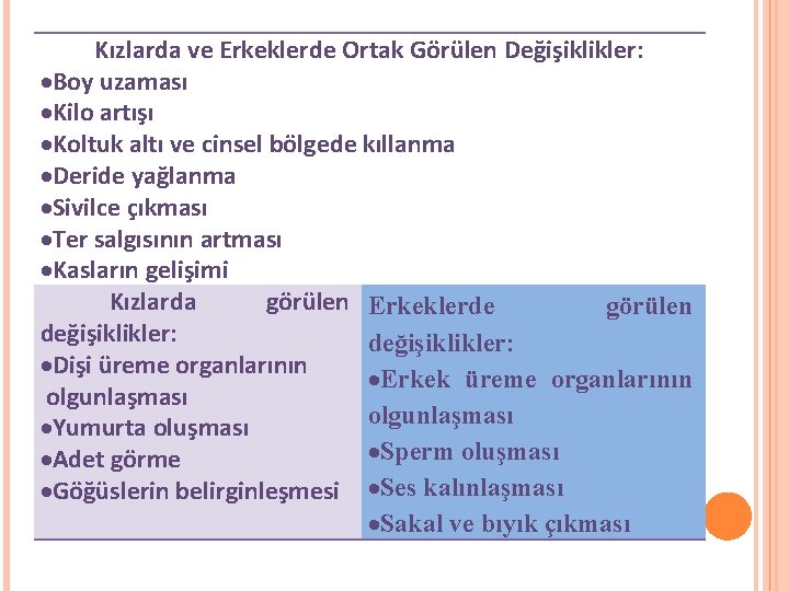 Kızlarda ve Erkeklerde Ortak Görülen Değişiklikler: Boy uzaması Kilo artışı Koltuk altı ve cinsel