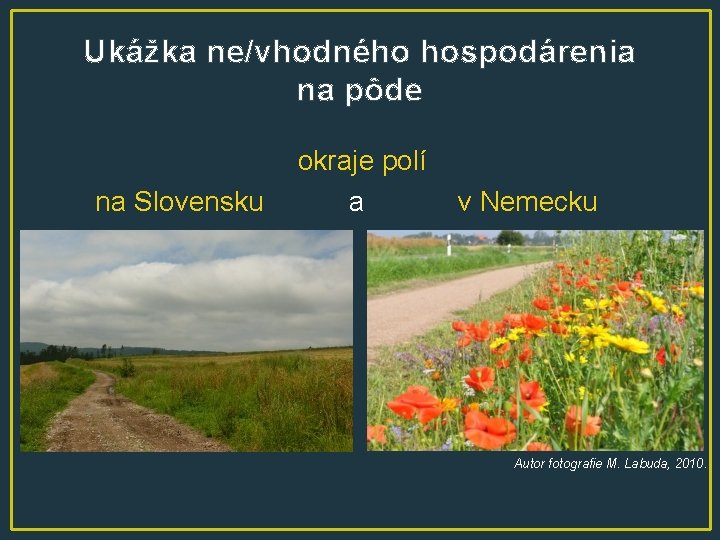 Ukážka ne/vhodného hospodárenia na pôde na Slovensku okraje polí a v Nemecku Autor fotografie