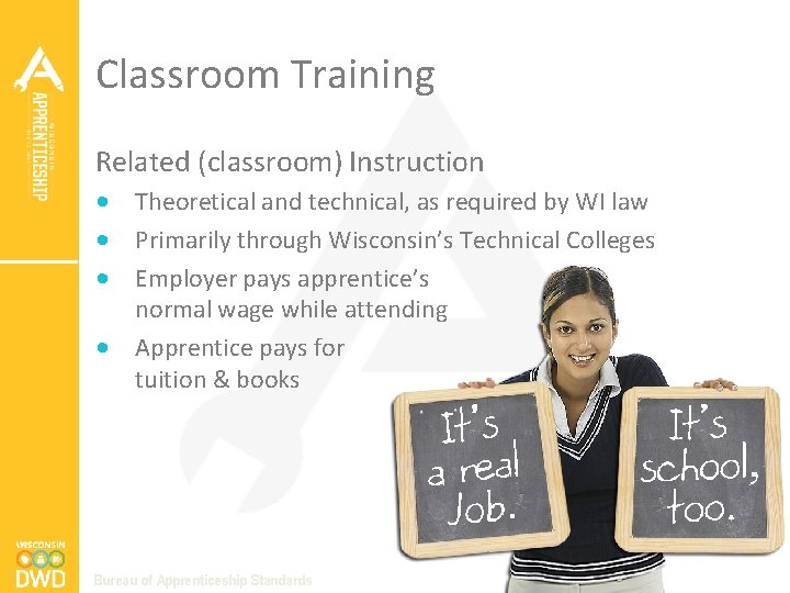 Classroom Training Related (classroom) Instruction • Theoretical and technical, as required by WI law