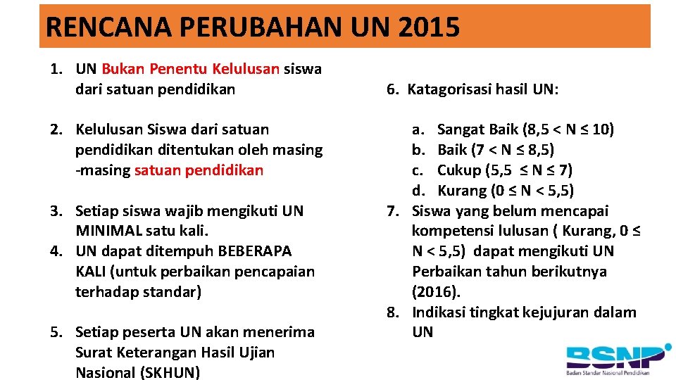 RENCANA PERUBAHAN UN 2015 1. UN Bukan Penentu Kelulusan siswa dari satuan pendidikan 2.