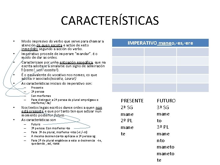 CARACTERÍSTICAS • • • Modo impresivo do verbo que serve para chamar a atención