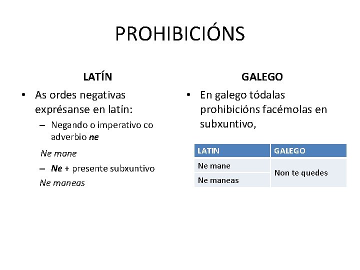 PROHIBICIÓNS LATÍN • As ordes negativas exprésanse en latín: – Negando o imperativo co