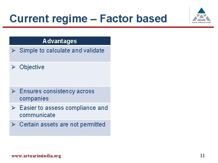 Current regime – Factor based Advantages Limitations Ø Simple to calculate and validate Ø