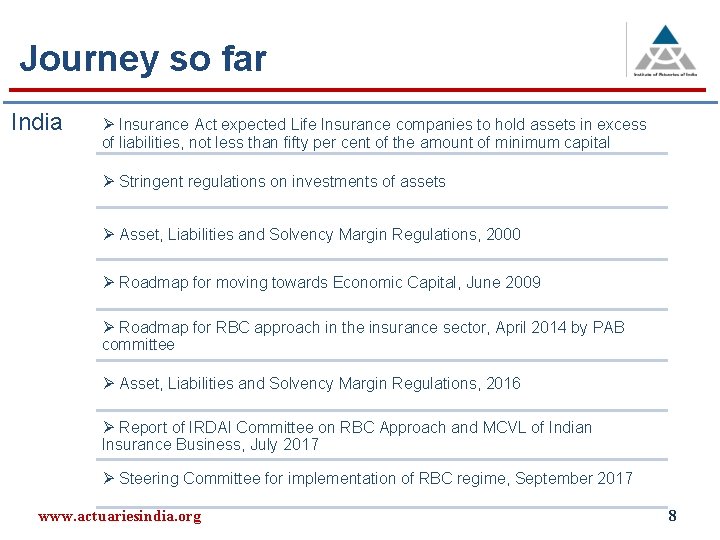 Journey so far India Ø Insurance Act expected Life Insurance companies to hold assets