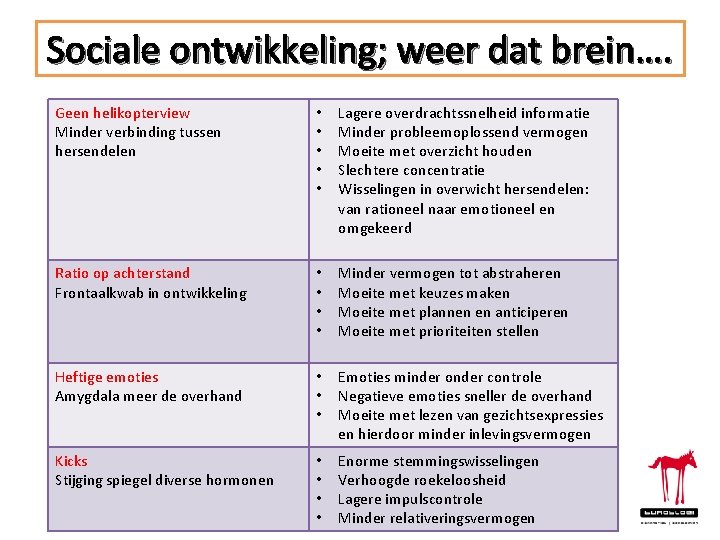 Sociale ontwikkeling; weer dat brein…. Geen helikopterview Minder verbinding tussen hersendelen • • •