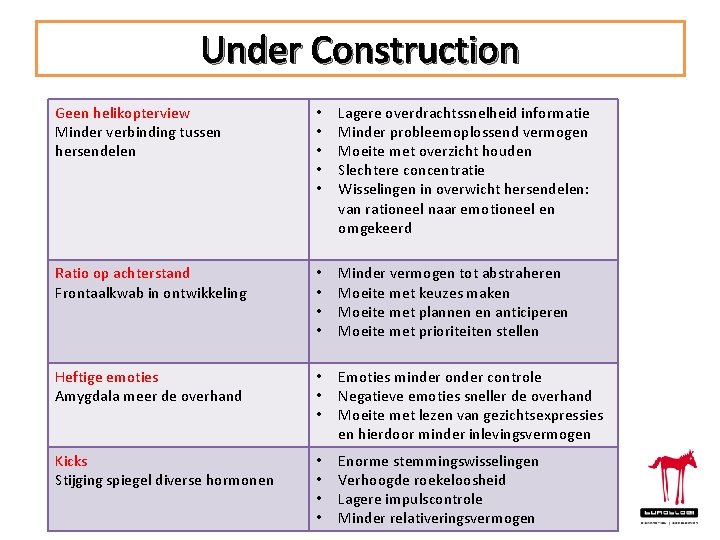 Under Construction Geen helikopterview Minder verbinding tussen hersendelen • • • Lagere overdrachtssnelheid informatie