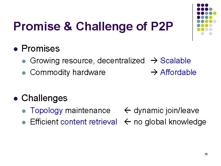 Promise & Challenge of P 2 P l Promises l l l Growing resource,