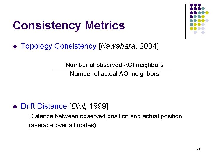 Consistency Metrics l Topology Consistency [Kawahara, 2004] Number of observed AOI neighbors Number of