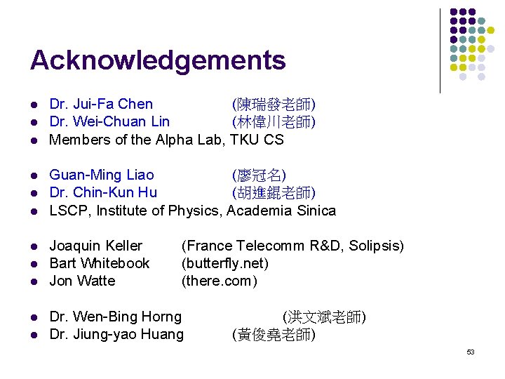 Acknowledgements l l l Dr. Jui-Fa Chen (陳瑞發老師) Dr. Wei-Chuan Lin (林偉川老師) Members of