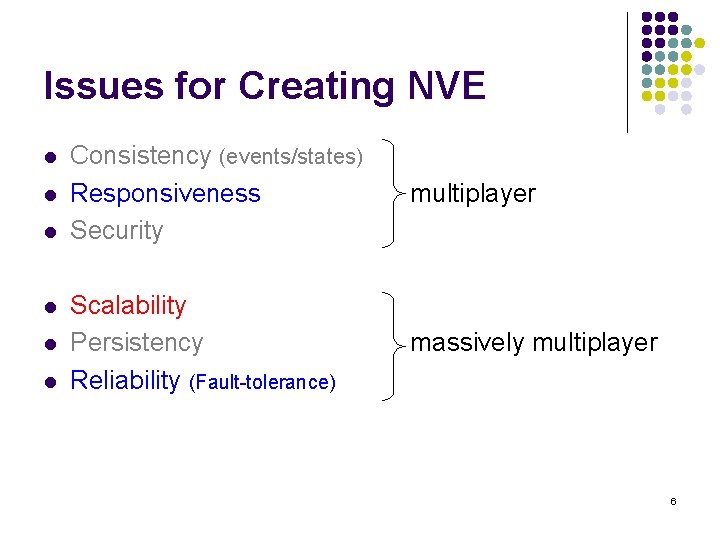 Issues for Creating NVE l l l Consistency (events/states) Responsiveness Security multiplayer Scalability Persistency