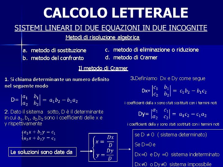 Metodi di risoluzione algebrica c. metodo di eliminazione o riduzione d. metodo di Cramer
