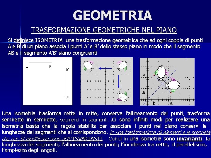 GEOMETRIA TRASFORMAZIONE GEOMETRICHE NEL PIANO Si definisce ISOMETRIA una trasformazione geometrica che ad ogni