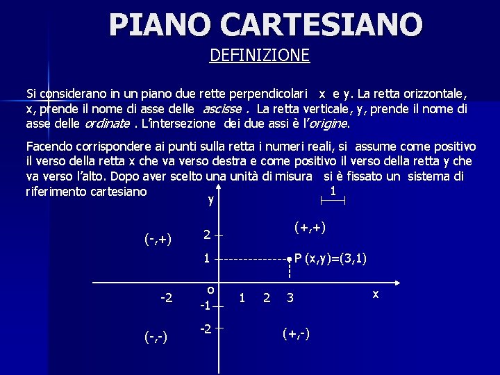 PIANO CARTESIANO DEFINIZIONE Si considerano in un piano due rette perpendicolari x e y.