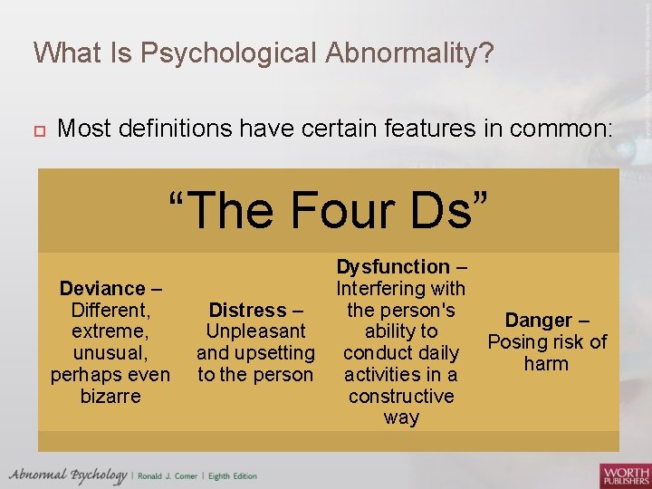 What Is Psychological Abnormality? Most definitions have certain features in common: “The Four Ds”