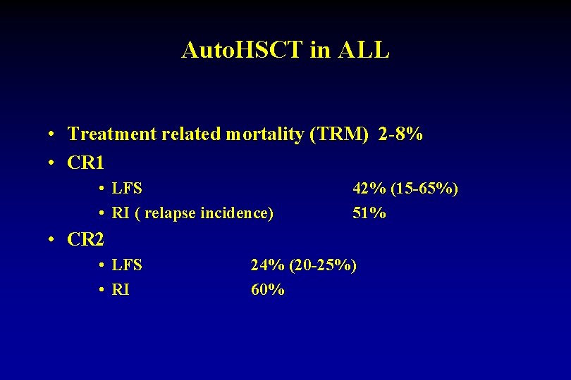 Auto. HSCT in ALL • Treatment related mortality (TRM) 2 -8% • CR 1