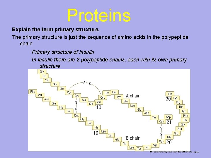 Proteins Explain the term primary structure. The primary structure is just the sequence of