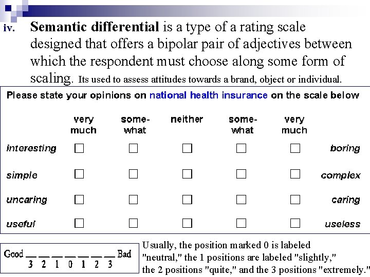 iv. Semantic differential is a type of a rating scale designed that offers a