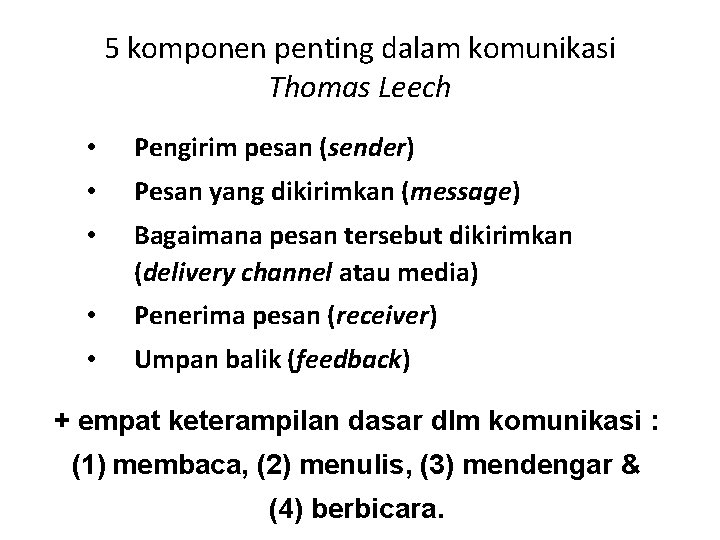 5 komponen penting dalam komunikasi Thomas Leech • Pengirim pesan (sender) • Pesan yang