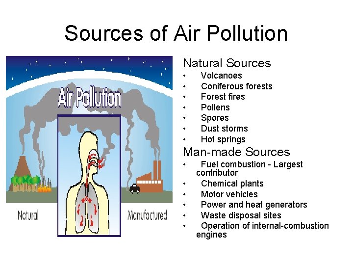 Sources of Air Pollution Natural Sources • • Volcanoes Coniferous forests Forest fires Pollens