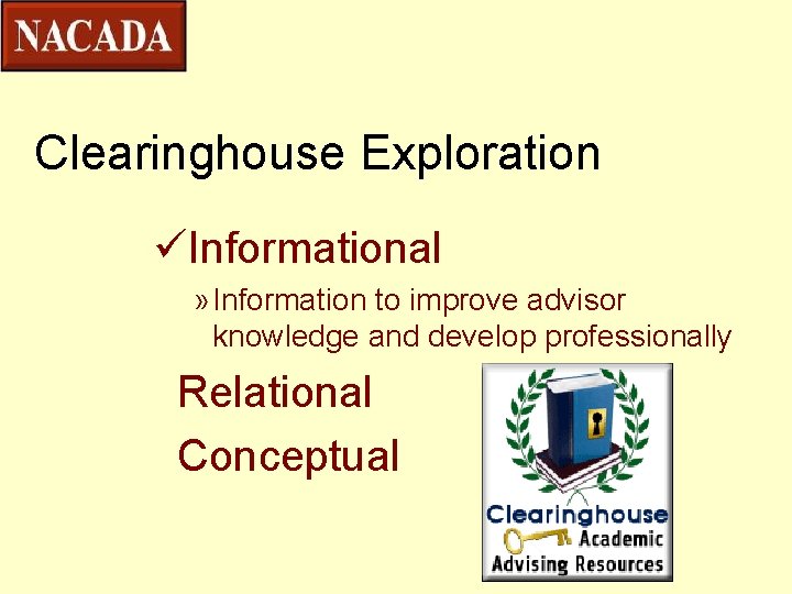 Clearinghouse Exploration üInformational » Information to improve advisor knowledge and develop professionally Relational Conceptual