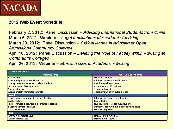 2012 Web Event Schedule: February 2, 2012: Panel Discussion – Advising International Students from