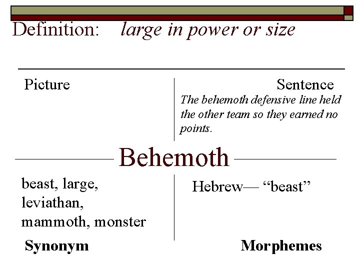 Definition: large in power or size Picture Sentence The behemoth defensive line held the