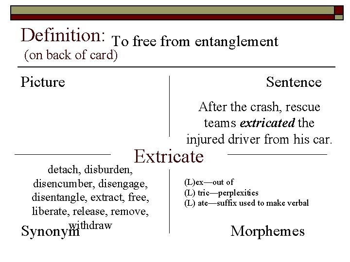 Definition: To free from entanglement (on back of card) Picture Sentence After the crash,