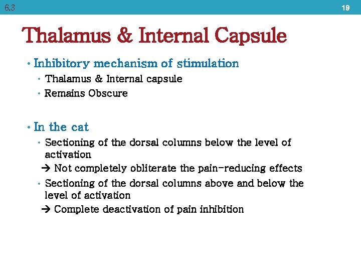 6. 3 19 Thalamus & Internal Capsule • Inhibitory mechanism of stimulation • Thalamus