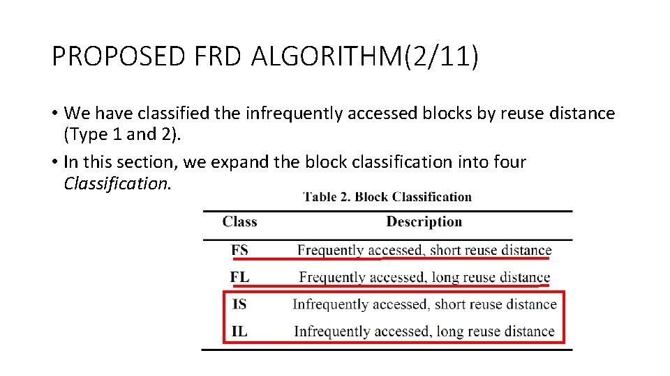 PROPOSED FRD ALGORITHM(2/11) • We have classified the infrequently accessed blocks by reuse distance