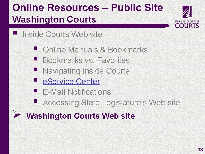 Online Resources – Public Site Washington Courts § Ø c Inside Courts Web site