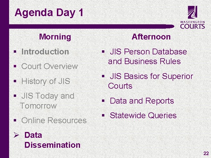 Agenda Day 1 Morning § Introduction § Court Overview Afternoon § JIS Person Database