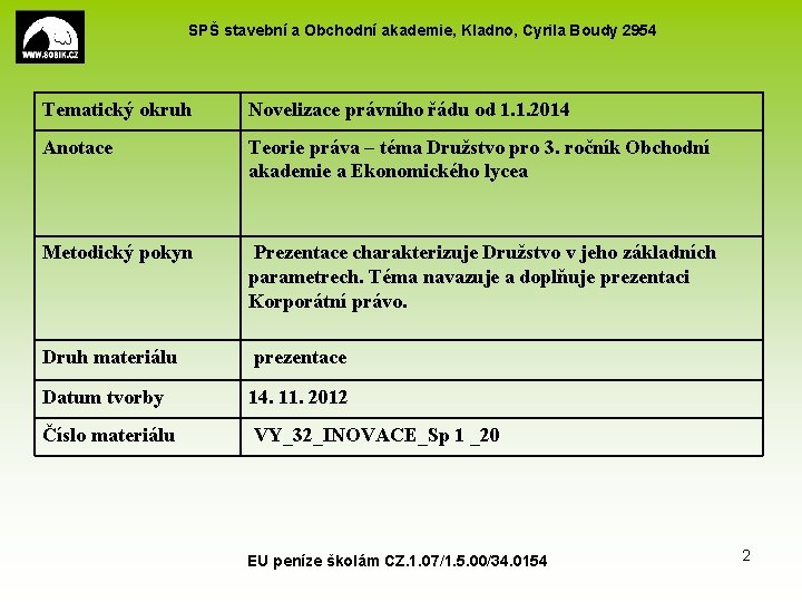 SPŠ stavební a Obchodní akademie, Kladno, Cyrila Boudy 2954 Tematický okruh Novelizace právního řádu