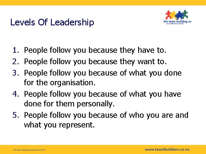 Levels Of Leadership 1. People follow you because 2. People follow you because 3.