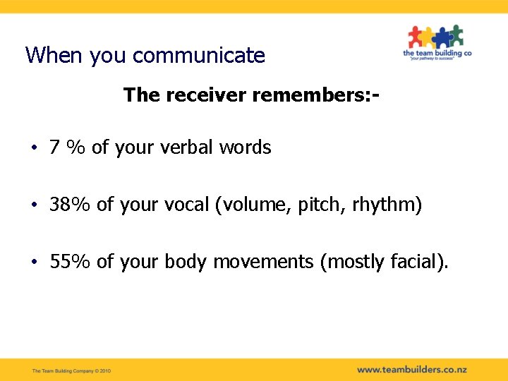 When you communicate The receiver remembers: - • 7 % of your verbal words