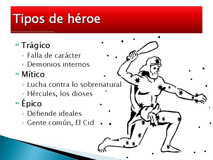 Tipos de héroe Trágico ◦ Falla de carácter ◦ Demonios internos Mítico ◦ Lucha
