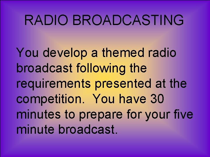 RADIO BROADCASTING You develop a themed radio broadcast following the requirements presented at the