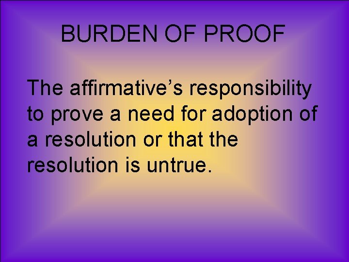 BURDEN OF PROOF The affirmative’s responsibility to prove a need for adoption of a