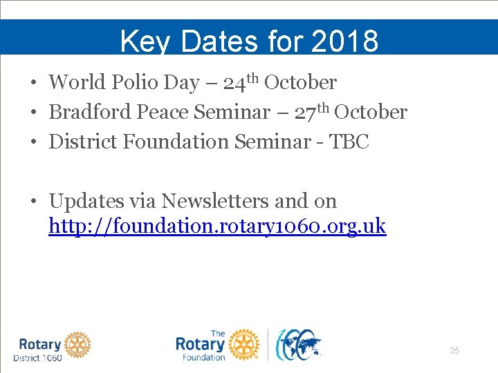 Key Dates for 2018 • World Polio Day – 24 th October • Bradford