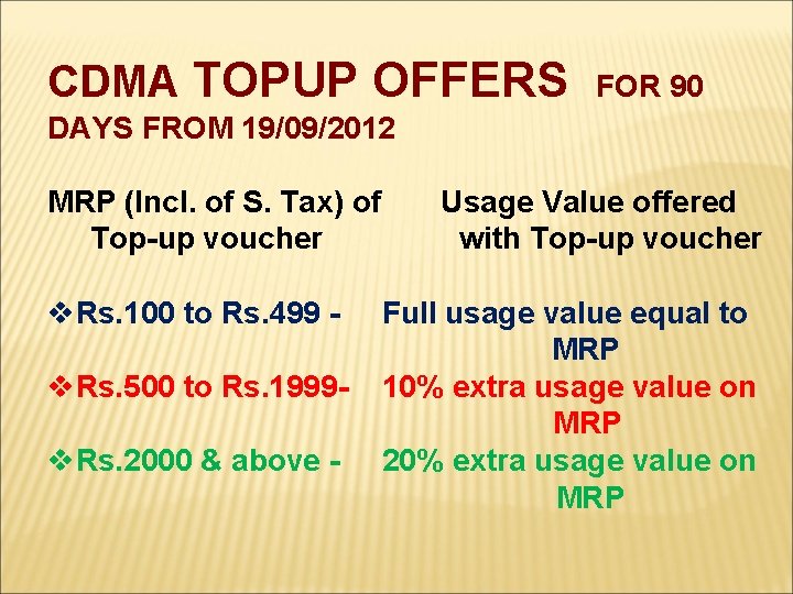 CDMA TOPUP OFFERS FOR 90 DAYS FROM 19/09/2012 MRP (Incl. of S. Tax) of