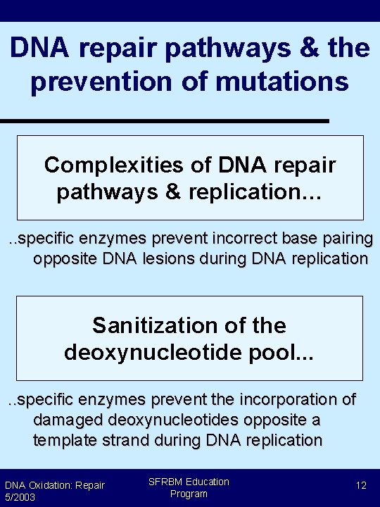 DNA repair pathways & the prevention of mutations Complexities of DNA repair pathways &