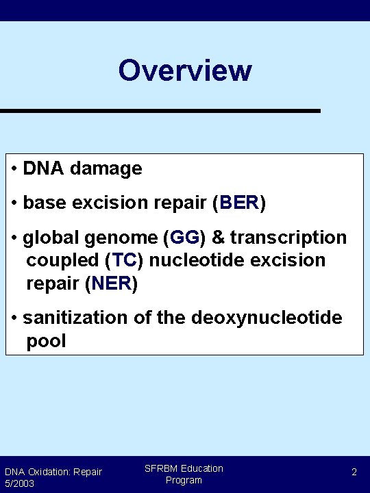 Overview • DNA damage • base excision repair (BER) • global genome (GG) &