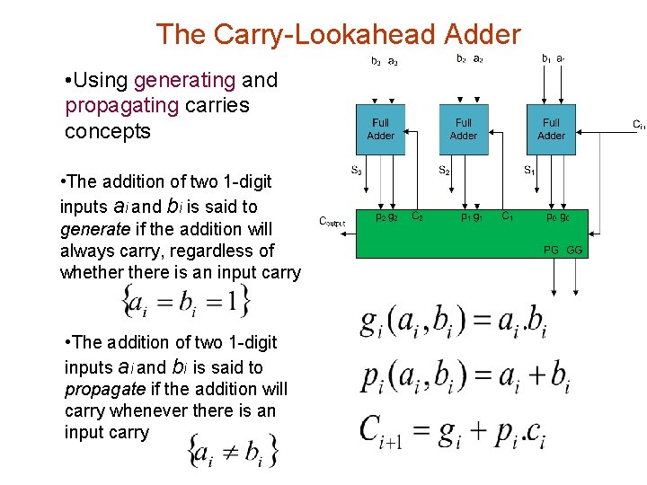 The Carry-Lookahead Adder • Using generating and propagating carries concepts • The addition of