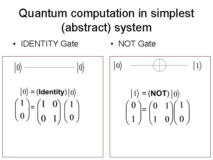 Quantum computation in simplest (abstract) system • IDENTITY Gate • NOT Gate 