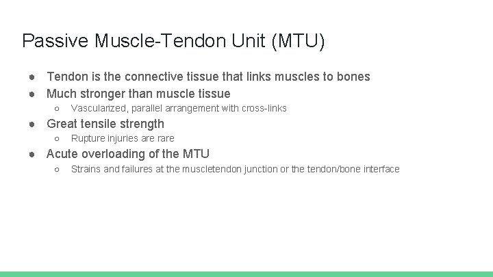 Passive Muscle-Tendon Unit (MTU) ● Tendon is the connective tissue that links muscles to