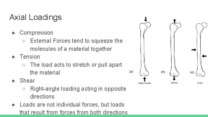 Axial Loadings ● Compression ○ External Forces tend to squeeze the molecules of a