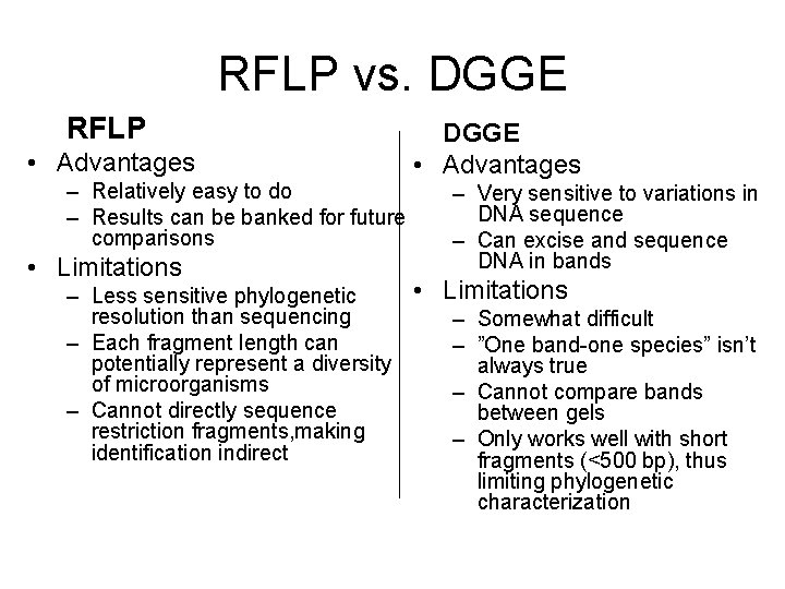 RFLP vs. DGGE RFLP • Advantages – Relatively easy to do – Results can