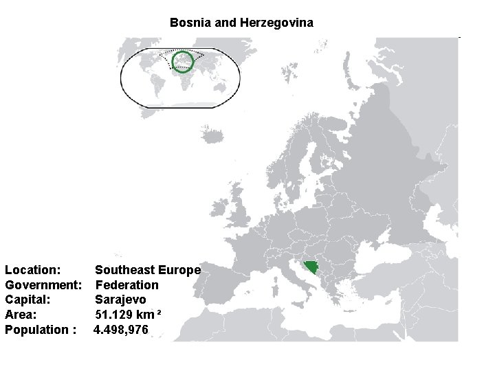 Bosnia and Herzegovina Location: Southeast Europe Government: Federation Capital: Sarajevo Area: 51. 129 km