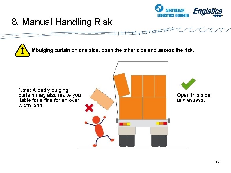 8. Manual Handling Risk If bulging curtain on one side, open the other side