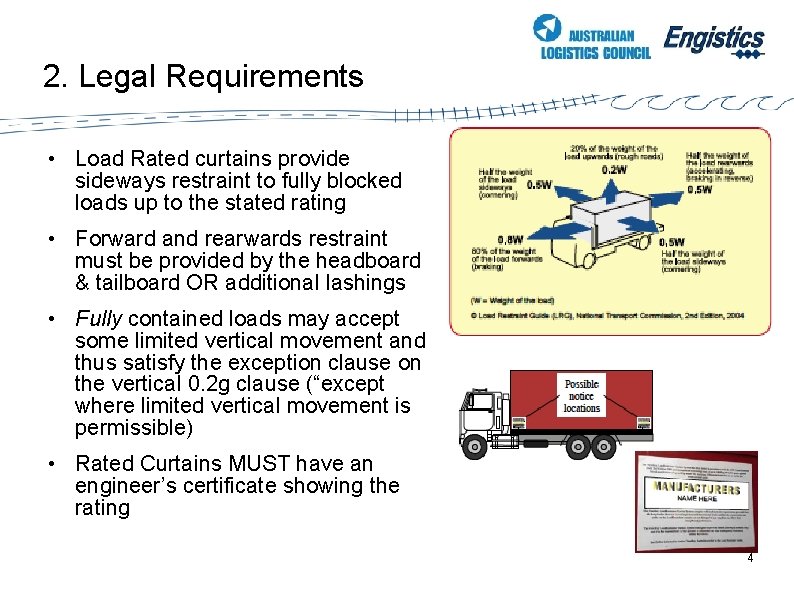 2. Legal Requirements • Load Rated curtains provide sideways restraint to fully blocked loads