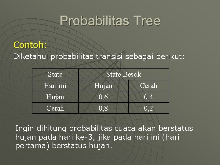 Probabilitas Tree Contoh: Diketahui probabilitas transisi sebagai berikut: State Besok Hari ini Hujan Cerah